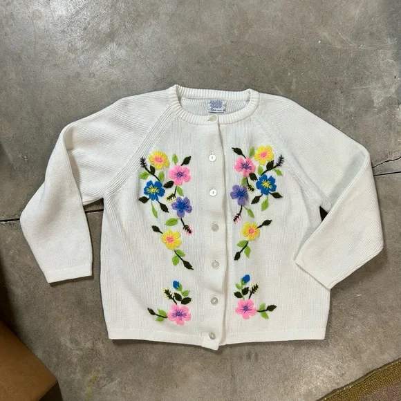 Vtg Sears 1960s Floral Crewel Embroidery Cardigan Pinup Boho Retro Acrylic XL - Picture 2 of 15
